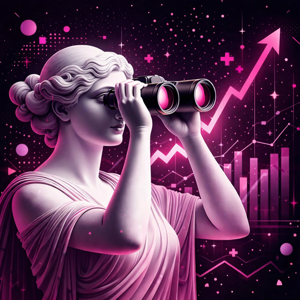 Griechische Statue mit Fernglas, sieht sich den Markt an.