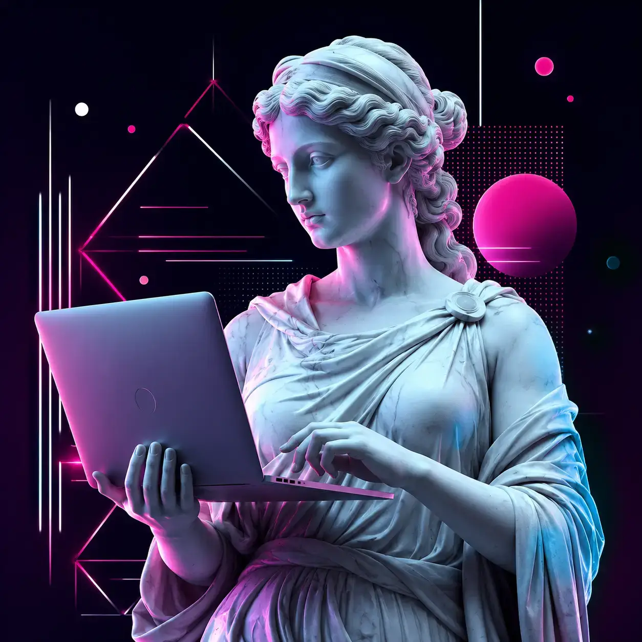 griechische Statue hält Laptop